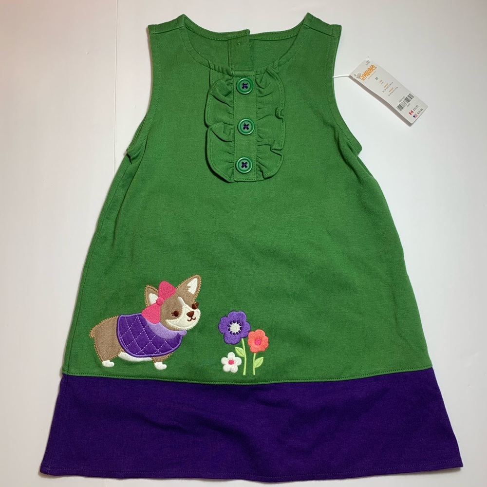 Gymboree Green Spring Dress Puppy Floral Accent 3T